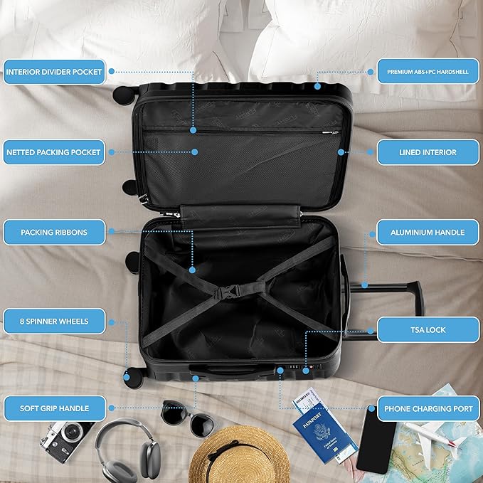Flight Knight 24x16x10 Expandable Carry On Suitcase Hardside TSA Lock USB C Lightweight Luggage Silent Double Spinner Wheels Maximum Overhead Carry-On Bag For Virgin South West Approved Black
