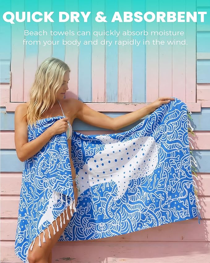 2 Pack Turkish Beach Towels with Bag Quick Dry Sand Free Soft Absorbent Adult Bath Pool Swim Long Wide Stripe Towel Cloud Linen Sandfree Chamois Mat Summer Thing Lightweight Thin Travel Blue