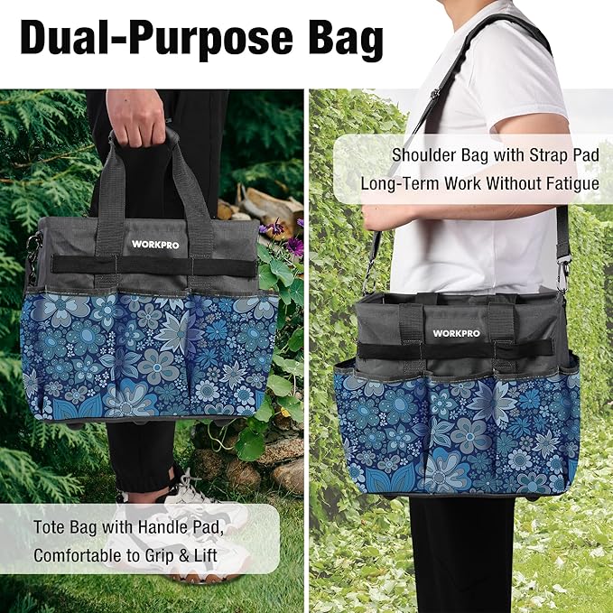 WORKPRO Garden Tool Bag Organizer, Heavy Duty Gardening Tote Bag with 10 Pockets and Long Adjustable Shoulder Strap, Standable Garden Home Tool Kits Organizer, Floral Blue (Tools are not Included)