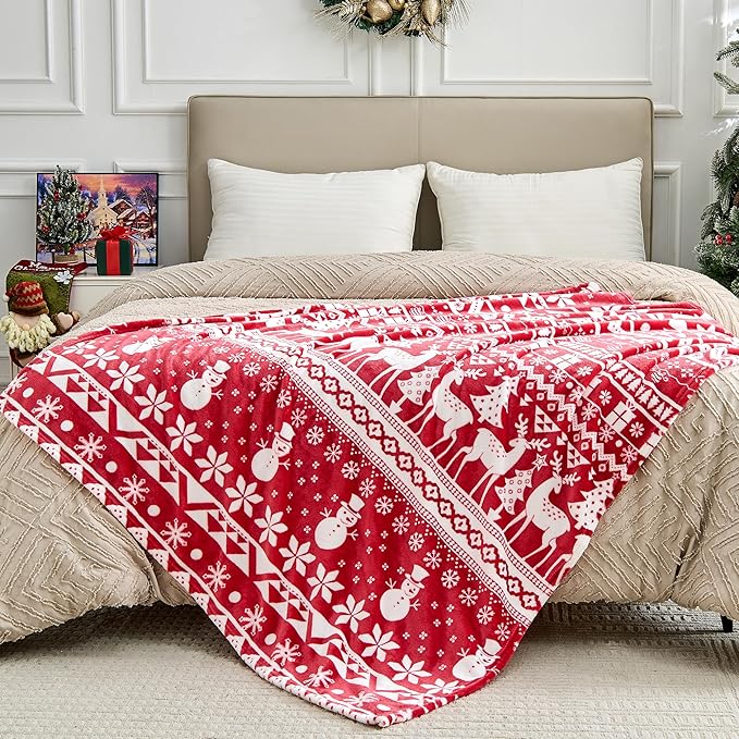 Christmas Blanket Soft Cozy Fleece Throws with Snowman Snowflake Reindeer and Xmas Trees Print, Fuzzy Warm Christmas Throw Blanket for Couch Bed Holiday Decorations Gifts 50"x60" (Red)
