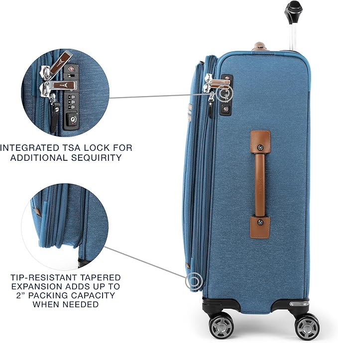 Travelpro Platinum Elite Softside Expandable Checked Luggage, 8 Wheel Spinner Suitcase, TSA Lock, Men and Women, Coastal Blue, Checked Medium 25-Inch