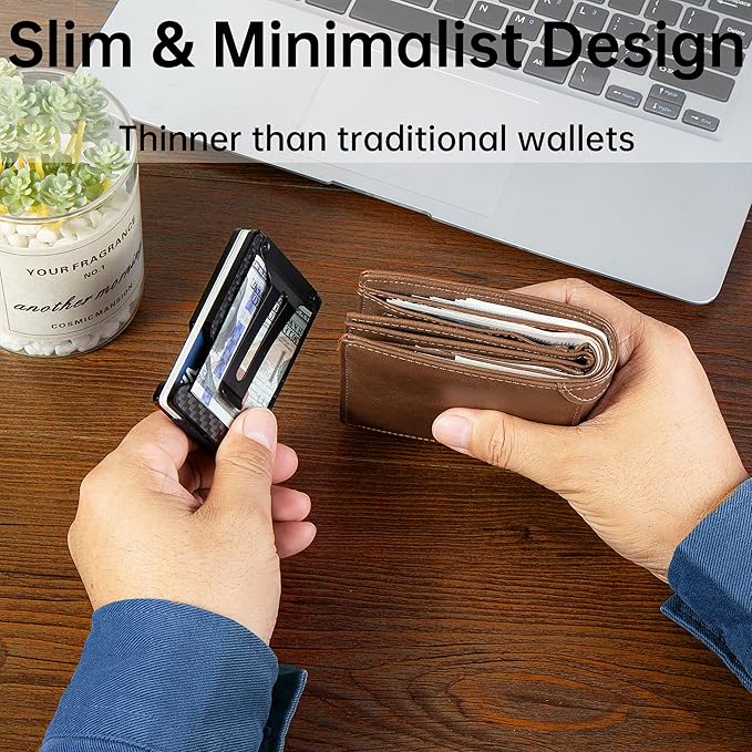Carbon Fiber Minimalist Wallet for Men Credit Card Holder Money Clip & Cash Strap Slim RFID Mens Wallets(Matte Carbon Fiber)