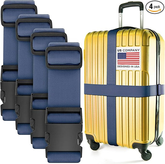 Luggage Straps for Suitcases - TSA Approved - Navy Blue, 4 PK - Premium Nylon Belts for Suitcase, Briefcase & Travel Bag - Adjustable Strap Length 46" - 78"