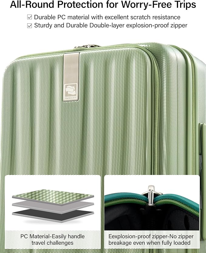 Hanke 16 Inch Expandable Under Seat Luggage with Wheels Top Opening Small Suitcase with Wheels Carry On Luggage Airline Approved Lightweight Hard Shell Suitcases for Weekender Overnight-Bamboo Green