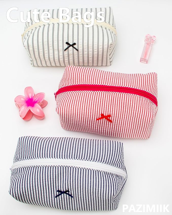 PAZIMIIK Cozy Makeup Bag Small Aesthetic Travel Zipper Cosmetic Pouch for Women Make Up Beauty Accessories Brushes, Stripe Navy Blue