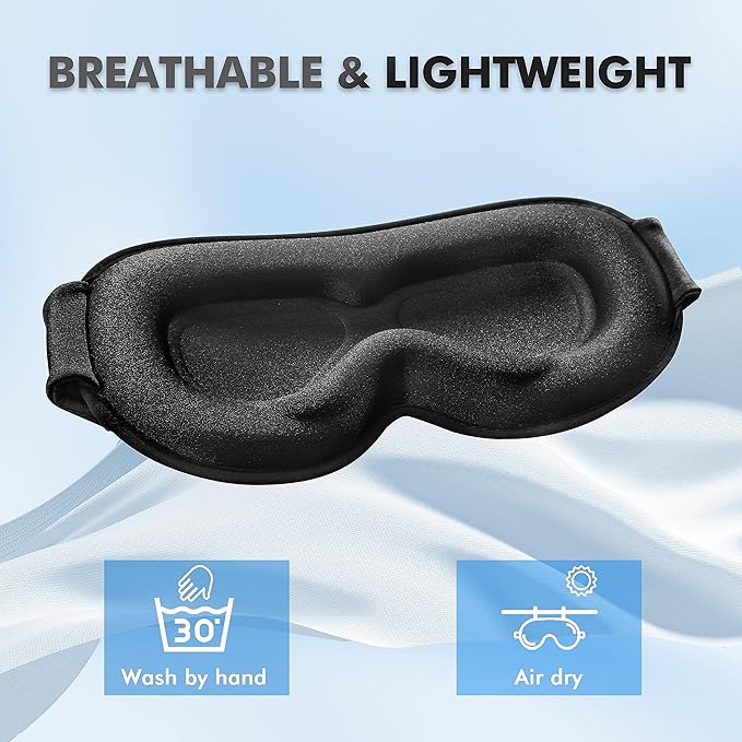 Sleep Eye Mask for Men Women, Sleeping Mask for Side Sleeper, Travel Blackout Night Blindfold Eye Shade Cover with Adjustable Strap (Black-Side Sleeper)