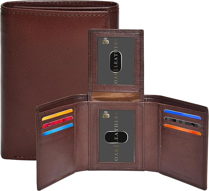 Real Leather Mens Trifold Wallet RFID Blocking Slim Minimalist Front Pocket - Thin & Stylish with ID Window in Gift Box