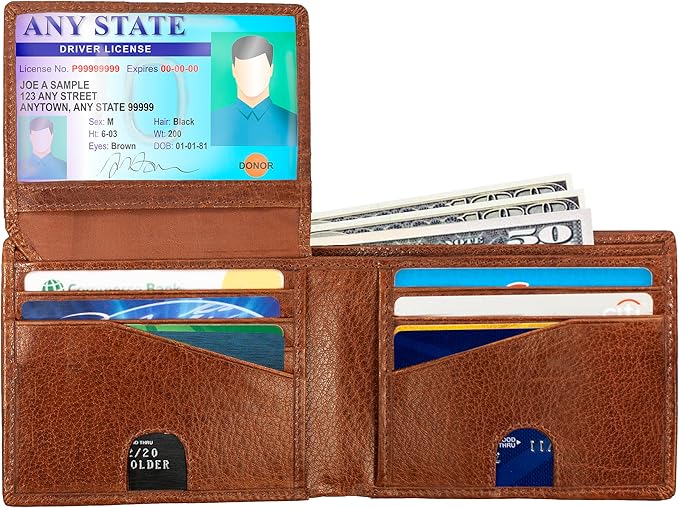 RFID Bifold Leather Wallet For Men with Flip Up ID Secure and Durable Extra Capacity Billfold with 11 Credit Cards in Vintage Buffalo Brown