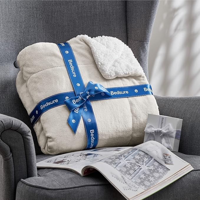 Bedsure GentleSoft Sherpa Fleece Blanket Queen Size for Bed, Non-Heated, Thick and Warm Throw for Women and Men, Soft Fuzzy Plush Queen Blanket for Winter, Linen, 90x90 Inches