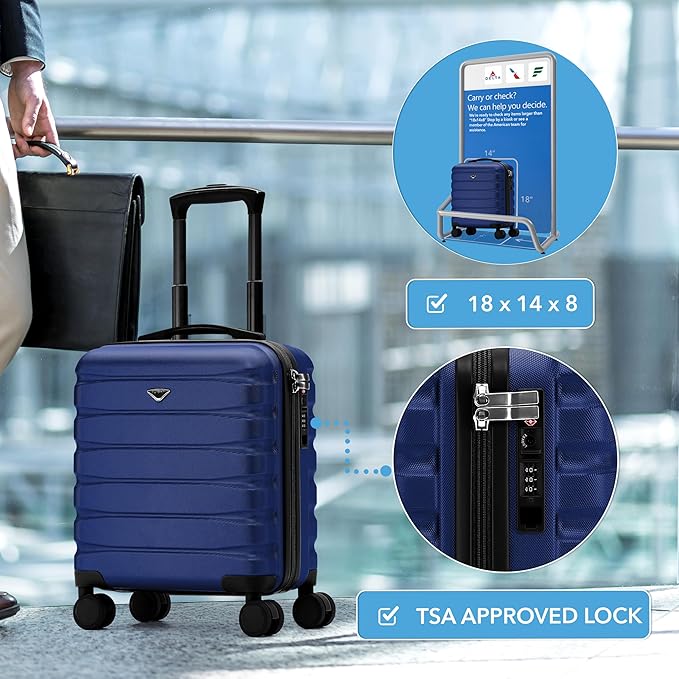 Flight Knight Carry On Suitcase 18x14x8" Hardside Built In TSA Lock & USB Port Lightweight Luggage Silent Double Spinner Wheels Maximum Underseat Carry-On Bag For American & United Approved Airlines
