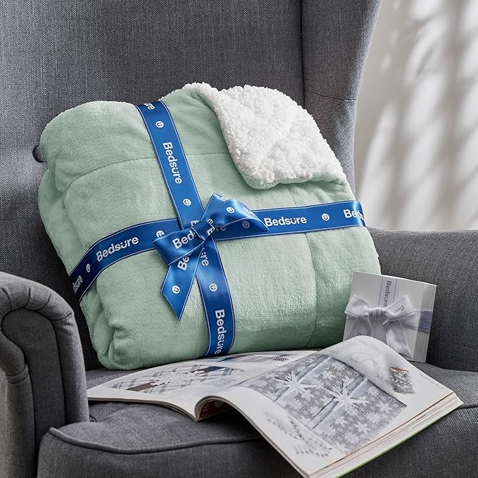Bedsure GentleSoft Sherpa Fleece Throw Blanket for Couch, Non-Heated, Thick and Warm Throw for Women and Men, Soft Fuzzy Plush Blanket for Spring, Sage Green, 50x60 Inches
