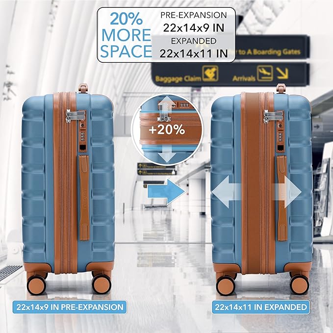 Flight Knight 22x14x9" Expandable Carry On Suitcase Hardside TSA Lock USB C Port Lightweight Luggage Silent Double Spinner Wheels Maximum Overhead Carry-On Bag For American & United Approved Airlines