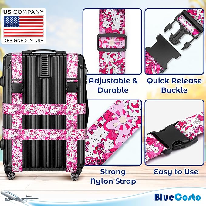 Luggage Straps for Suitcases - TSA Approved - Pink Geometric, 2 PK - Premium Belts for Suitcase, Briefcase & Travel Bag - Adjustable Strap Length 41" - 78"