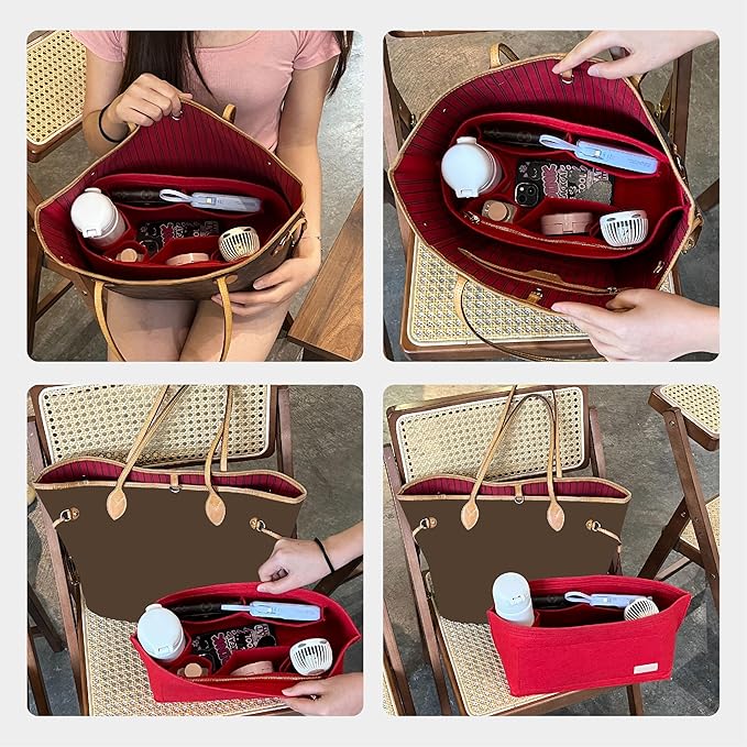 Purse Organizer Insert, Felt Zipper Bag Organizer with Base Shaper, Handbag Tote Dividers for Inside Purse Accessories, Compatible with Neverfull PM and More,Red/M
