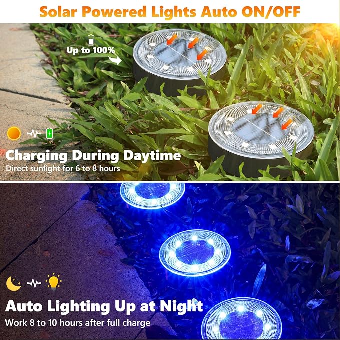 Joomer 2-in-1 Solar Lights Outdoor Waterproof, 16 Pack 8 LED, Blue | Solar Powered Garden Lights Ground Disc Landscape Lighting for Patio Pathway Lawn Yard Driveway Walkway Deck Step