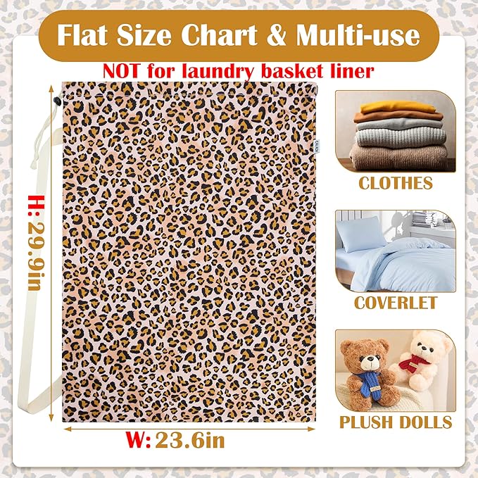 Canvas Laundry Bag with shoulder Strap 24"Wx 29"H, Large Drawstring Dirty Clothes Bag Washable Laundry Sack for College Dorm, Travel, Home, Camp (Leopard)