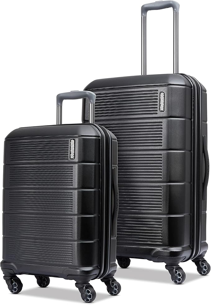 American Tourister Stratum 2.0 Hardside Expandable Luggage with Spinners, Jet Black, 2PC SET (Carry-on/Medium)