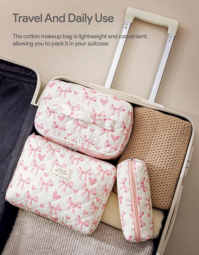 HBselect Quilted Makeup Bag, 3PCS Cotton Large Travel Makeup Bag, Cute Floral Coquette Make up Bag Cosmetic Bag Toiletry Bag for Women Girls