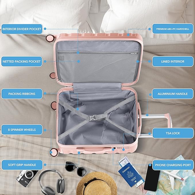 Flight Knight 24x16x10 Expandable Carry On Suitcase Hardside TSA Lock USB C Port Lightweight Luggage Silent Double Spinner Wheels Maximum Overhead Carry-On Bag For Virgin, South West Approved Pink