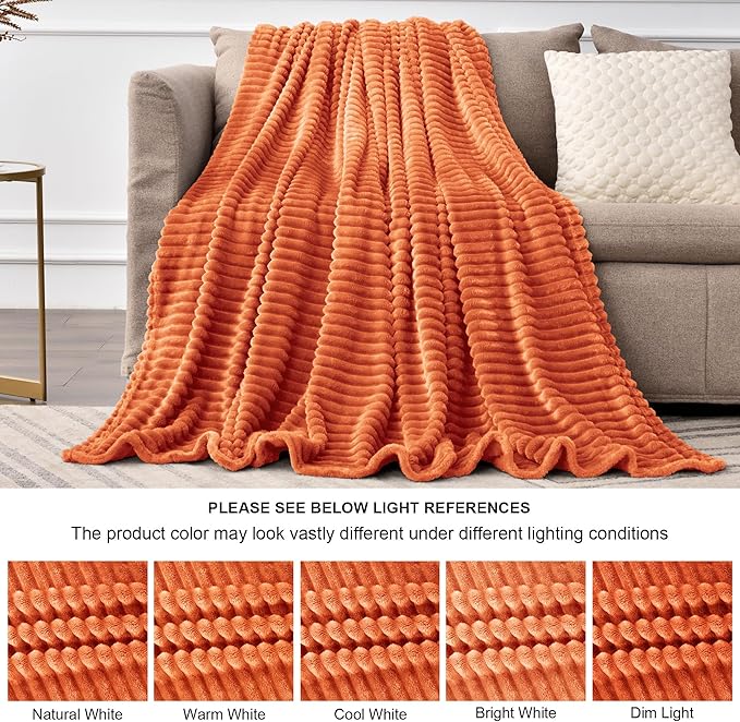 BEDELITE Fleece Blanket Queen Size, 3D Ribbed Jacquard Soft & Warm Decorative Blankets – Cozy, Fuzzy, Fluffy, Plush Lightweight Throw Blankets for Couch, Bed, Sofa(Orange, 90x90 inches)