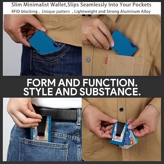 Minimalist Carbon Fiber Wallet for Men, Money Clip Cash Strap Wallet, RFID Blocking Metal Wallet Aluminum Card Holder,Front Pocket Wallet(Matte Blue)