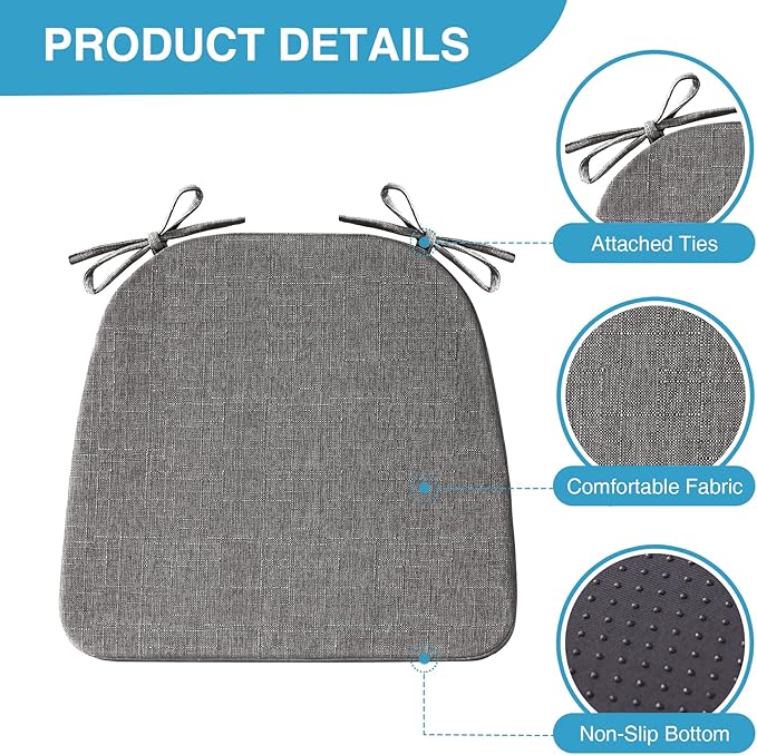 Chair Cushions for Dining Chairs Set of 4, Non Slip Kitchen Chair Pads, 17" x 16" x 2", Indoor Dining Chair Cushions with Ties, D-Shaped Seat Cushions for Kitchen Chairs, Dark Grey