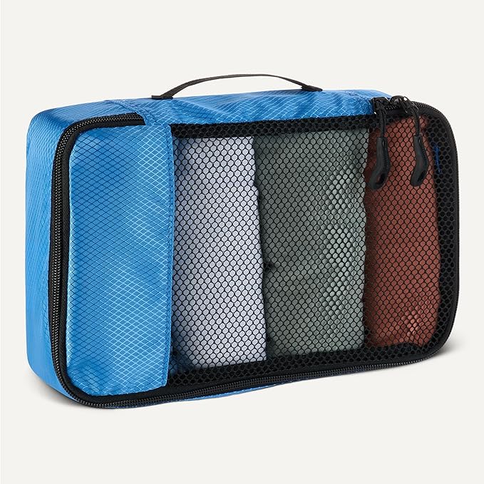 Amazon Essentials 4-Piece Space-Saving Packing Cubes Travel Accessories Set, Suitcase Organizer with Double Zipper, Mesh Top, Small, Sky Blue (Previously Amazon Basics)