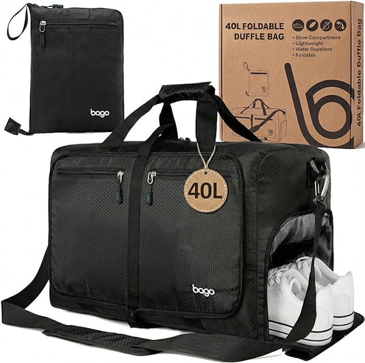 Bago Compact Duffle Bag for Travel Women & Men. Durable Lightweight Foldable Travel Duffel Bags For Traveling Women. 40L Duffle Bags a Reliable Weekender duffel or Overnight Bag With Shoe Compartment