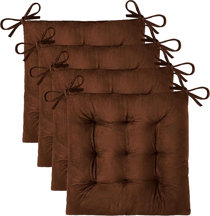 OVOV 4 Pack Chair Cushions for Dining Chairs Soft Seat Cushions for Kitchen Desk Chairs Square Chair Pads with Ties (15.5"x15.5" Coffee)