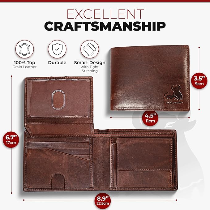 BULL GUARD Mens RFID Blocking Bifold Wallet Top Grain Leather Forest Brown, Secure and Durable Extra Capacity Billfold With 10 Credit Card Slots, Flip Up ID, Tight Stitching, Quick Access, Coin Pocket