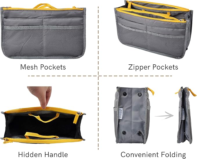 Vercord Purse Organizer Insert for Handbags Bag Organizers Inside Tote Pocketbook Women Nurse Nylon 13 Pockets Grey Small