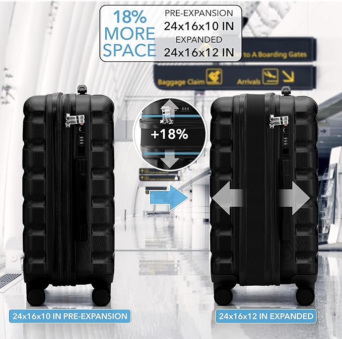 Flight Knight 24x16x10 Expandable Carry On Suitcase Hardside TSA Lock USB C Lightweight Luggage Silent Double Spinner Wheels Maximum Overhead Carry-On Bag For Virgin South West Approved Black