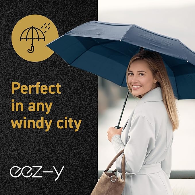 Windproof Compact Umbrella for Rain - 42” Travel Umbrella, Portable, Strong, Collapsible to 11”, Automatic Open Close Button, Vented Double Canopy with Fiberglass/Steel Frame, Wind Resistance to 55MPH