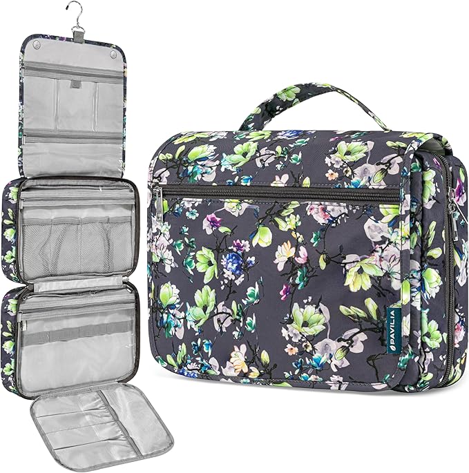 PAVILIA Hanging Toiletry Bag Women Men, Foldable Cosmetic Organizer Travel Bag, Water Resistant Makeup Bag Toiletries, Large Travel Essentials Kit (Grey Floral)