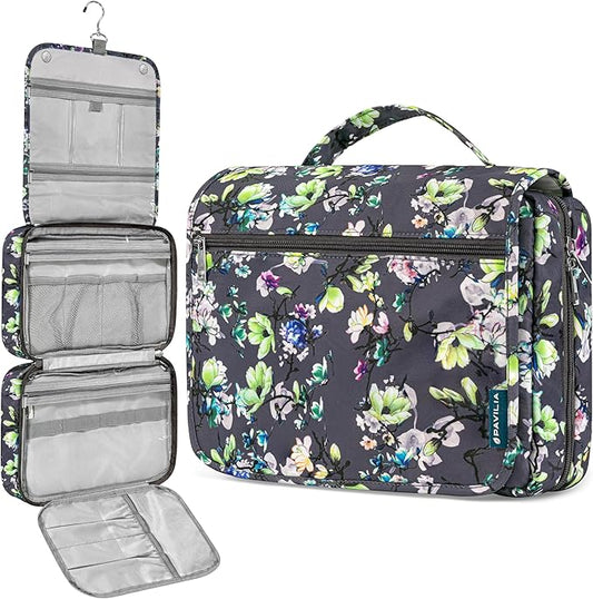 PAVILIA Hanging Toiletry Bag Women Men, Foldable Cosmetic Organizer Travel Bag, Water Resistant Makeup Bag Toiletries, Large Travel Essentials Kit (Grey Floral)