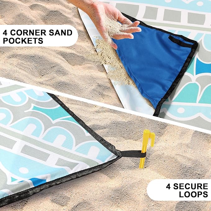 Beach Blanket Sandproof Extra Large Beach Mat Adults Waterproof Quick Drying Sand Free Mat with 4 Stakes & 4 Corner Pockets for Outdoor Travel Camping Hiking Blue 79" X 83"
