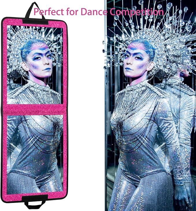 LPHUMEX Sparkle Hot Pink Folding Mirror 13”x33”, Foldable Full-Length Travel Mirror 3-Way Use, Perfect for Dance, Festivals, RV