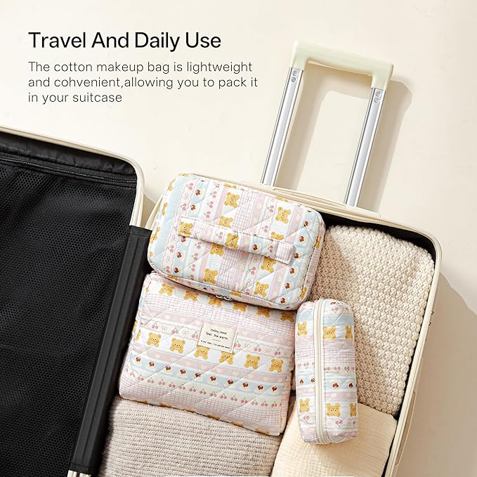 HBselect Quilted Makeup Bag, 3PCS Cotton Large Travel Makeup Bag, Cute Floral Coquette Make up Bag Cosmetic Bag Toiletry Bag for Women Girls