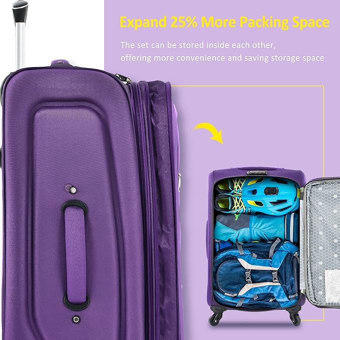 3 Piece Softshell Expandable Luggage Sets, Lightweight Travel Suitcase Set with TSA Lock and 360°Swivel Spinner Wheels, Durable Softside Luggage for Men Women, 22 in/26 in/30 in, Purple