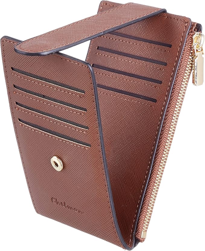 Chelmon Womens Wallet Slim RFID Blocking Bifold Multi Card Case Wallet with Zipper Pocket (Deep Brown)