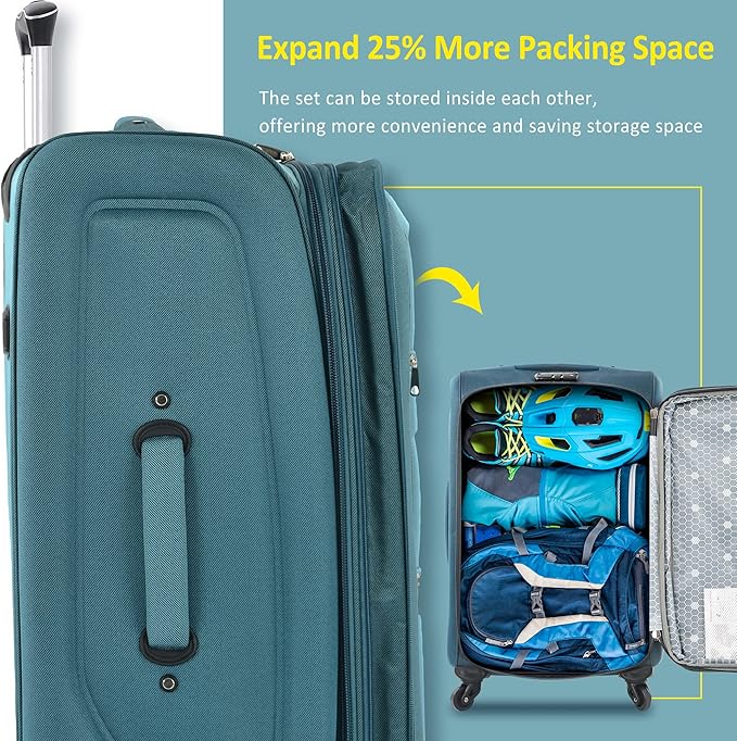 Softside 3 Piece Luggage Sets, Expandable Lightweight Suitcase Sets Double Softshell Spinner Wheels Travel Luggage Set for Women and Men (Green, 3-Piece Set)