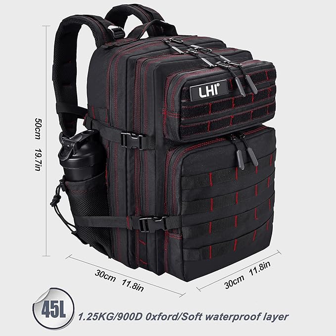 LHI Military Tactical Backpack for Men and Women 45L Army 3 Days Assault Pack Bag Large Rucksack with Shoe Compartment - Black red line