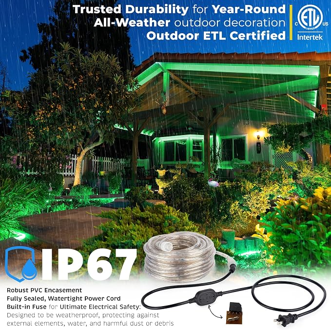 3312LEDs, 300ft LED Outside Rope Lights, Waterproof Permanent Outdoor ETL Certified Connectable Clear Tube, Christmas Palm Tree Holiday Decorative Landscape Patio Accent Lighting - Green