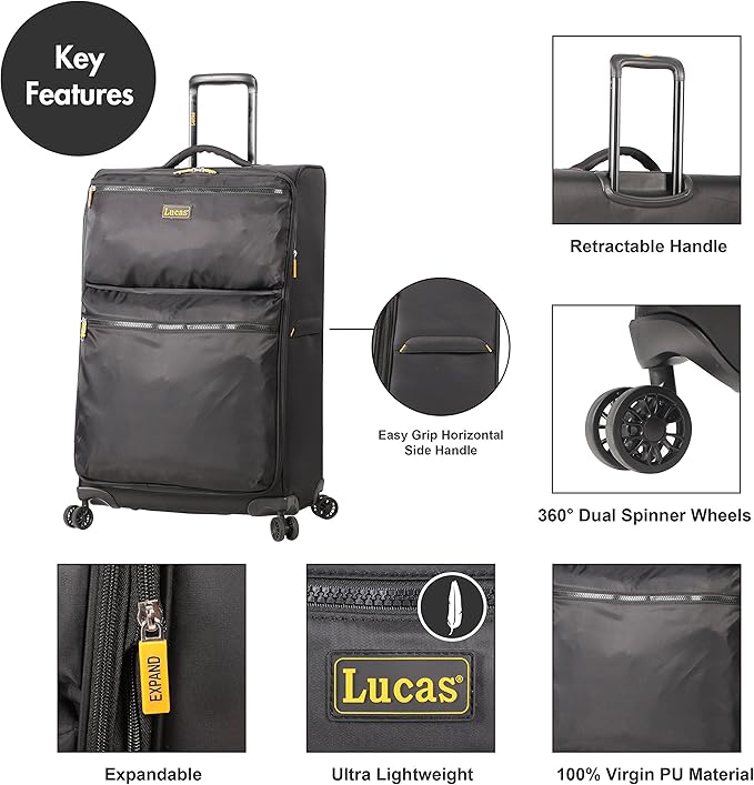 LUCAS Designer Luggage Collection - Expandable 24 Inch Softside Bag - Durable Mid-sized Ultra Lightweight Checked Suitcase with 8-Rolling Spinner Wheels (Black)
