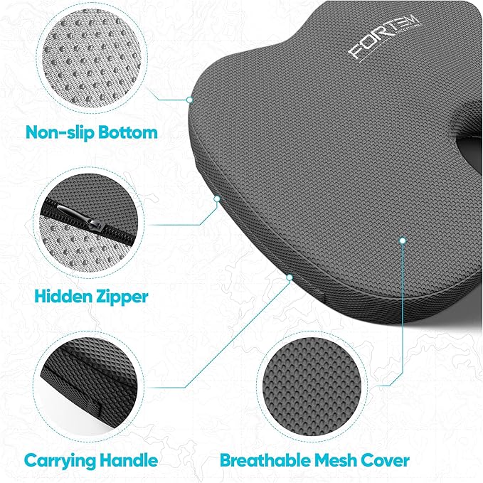 FORTEM Seat Cushion, Office Chair Cushion, Desk Chair Memory Foam, Sciatica Coccyx Tailbone Pain Relief, Pressure Relief, Sitting Pad, for Long Gaming & Sitting, Washable Cover, Non Slip