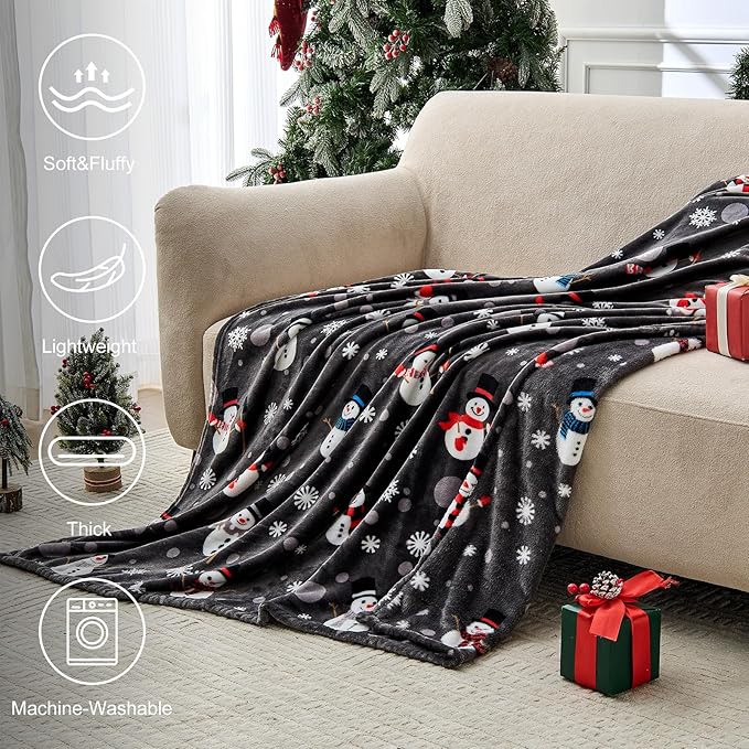 Grey Christmas Throw Blanket - Soft Warm Cozy Fleece Winter Throw, Holiday Blanket with Snowman & Snowflake Design, 60x80 Inches,Grey
