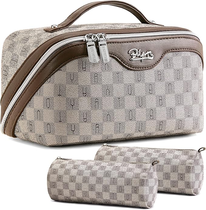 BOYATU Travel Makeup Bag Organizer Cosmetic Bag: 3 Pcs Set Make up Bags for Women with Handle - Waterproof Vegan Leather Toiletry Bags Travel Essentials Pouch with Compartments (H-02-Grey)