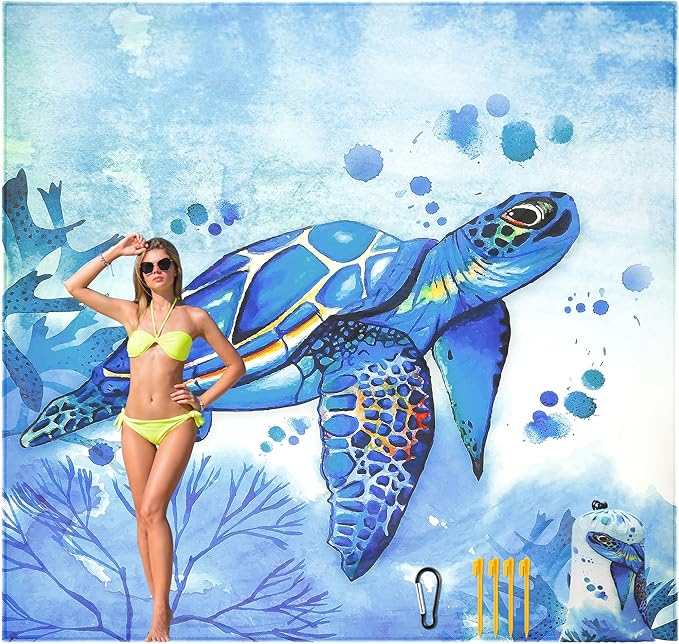 HIHOHO Beach Blanket Waterproof Sandproof Beach Mat 79”x 108” for 1-8 Adults Quick Drying Durable Outdoor Picnic Mat for Beach Festival Travel Camping Hiking (Seaturtle-Medium, 79"×108"(6 Person))