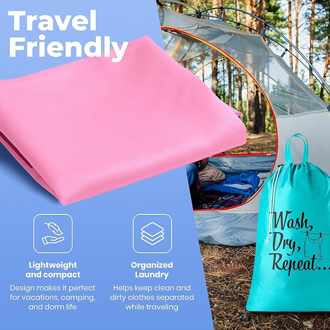 Handy Laundry Extra Large Travel Laundry Bags 2-Pack – Heavy Duty, Water-Resistant, Holds 4 Loads, Drawstring Closure, Fun Print for Camping, Dorms, Travel, Pink-Teal, 24 x 36 in