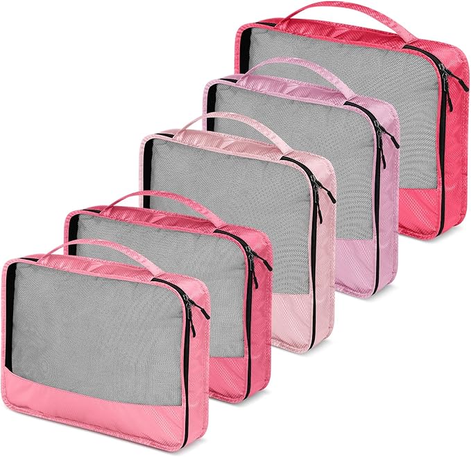 5 Pcs Packing Cubes for Suitcase Large Travel Cubes Carry on Luggage Organizer Bags for Clothes Accessories(Mixed,Pink)